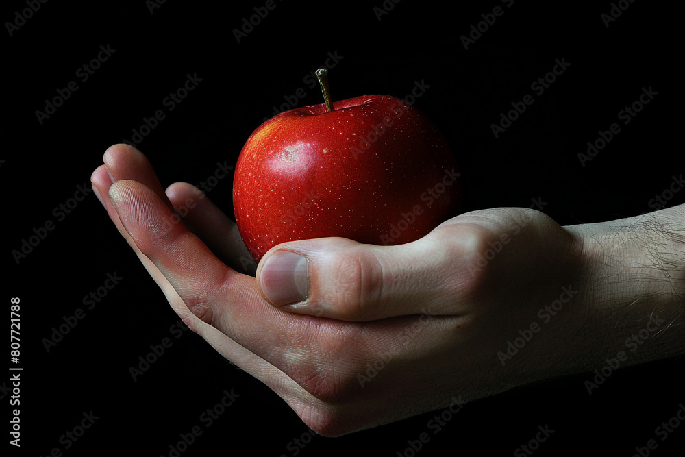 Close up image of hand hold ripe red apple made with generative ai technology Close up image of hand hold ripe red apple made with generative ai technology