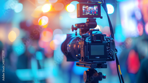 Professional digital camera with external monitor filming an event with colorful bokeh lights in background. photo