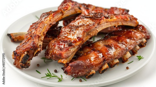 A plate of grilled ribs with herbs and spices, in a closeup shot on a white background.