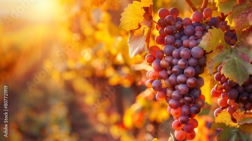 Radiant sunset illuminating clusters of ripe grapes on lush vines with colorful autumn leaves.