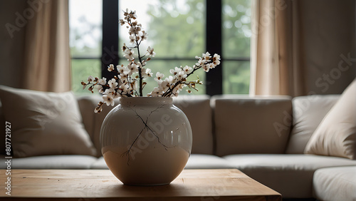 Close up of fabric sofa with white and terra cotta pillows.Bunch of dried flower in a gray ceramic vase on a wooden table against wall of white color.