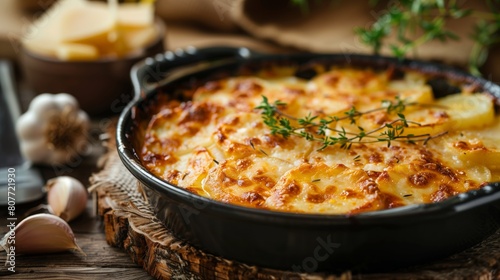 A Provencal Gratin with golden brown potatoes in black ceramic dish.