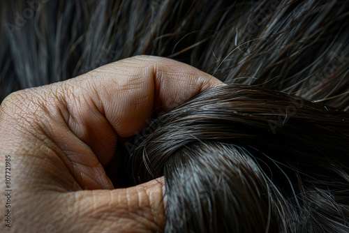 Close up image of woman hands touch her hair created with generative ai concept