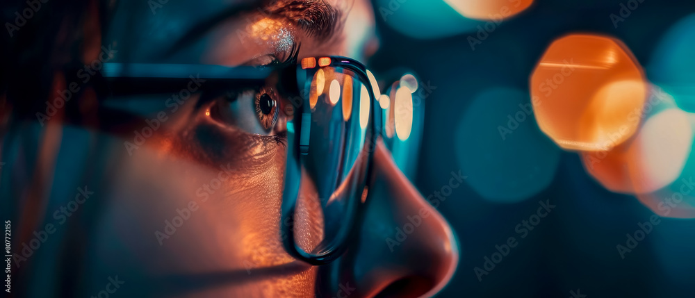 Fototapeta premium Close up woman with glasses looking, blurred background, bokeh lights