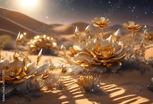 golden flowers in the desert at night, beautiful decoration