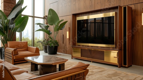 A TV lounge with a TV that retracts into a custom-designed wooden cabinet with brass inlays