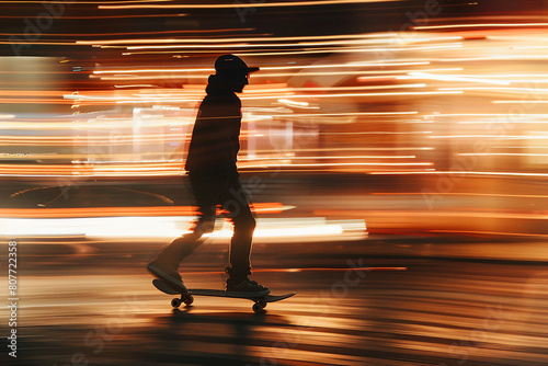 Generative AI portrait of a teenager riding a skateboard down a city street