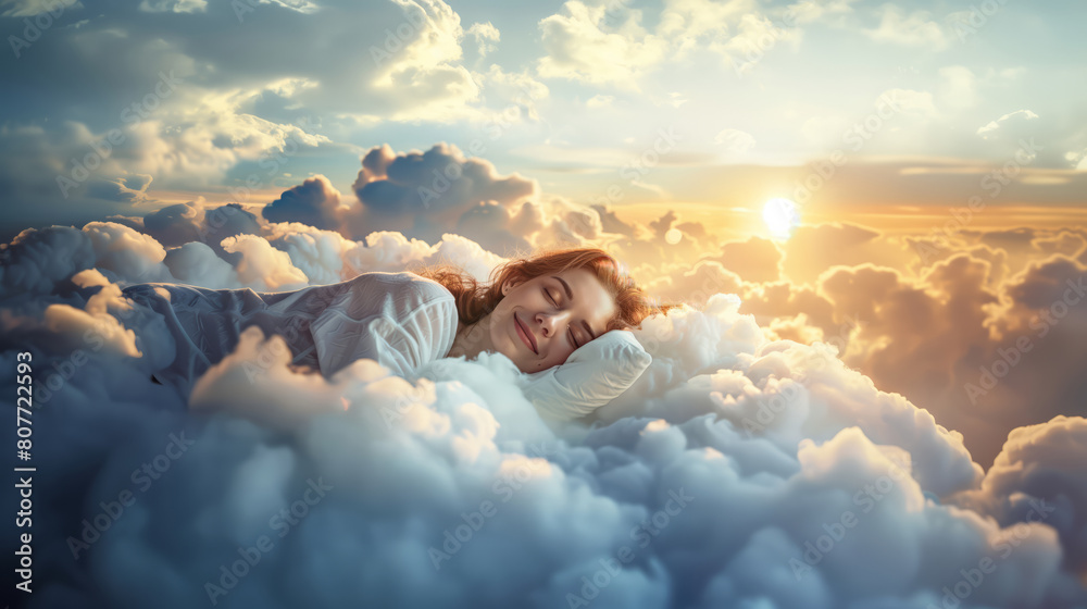 A woman peacefully sleeping on a soft cloud suspended in the sky.