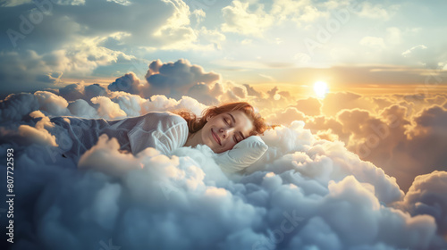 Obraz na płótnie A woman peacefully sleeping on a soft cloud suspended in the sky. w salonie
