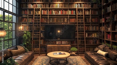 A TV lounge with a two-story book wall, a ladder, and a cozy reading nook