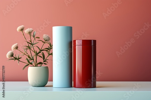 3d render of cosmetic bottle containers with shadows on blue background.