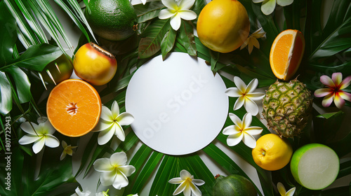 Vibrant tropical fruit and flowers arrangement with a blank circular space in the center for text.