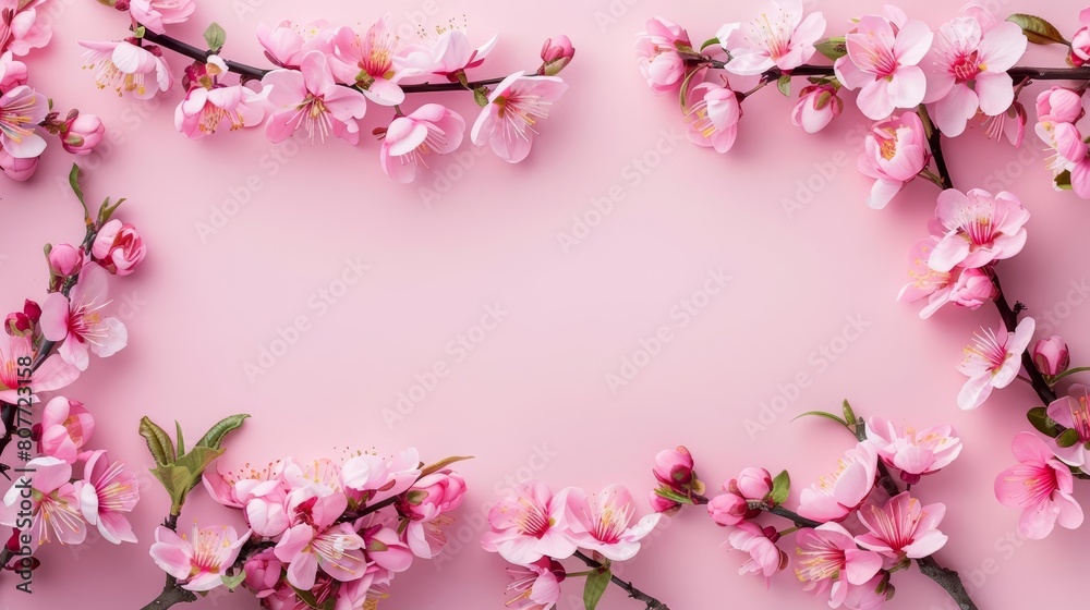 Obraz premium Beautiful peach blossom border on a pink background with copy space for text, in a flat lay top view banner concept