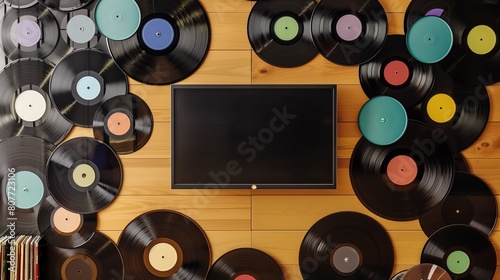 A TV lounge with a wall-mounted TV surrounded by a collection of vintage vinyl records