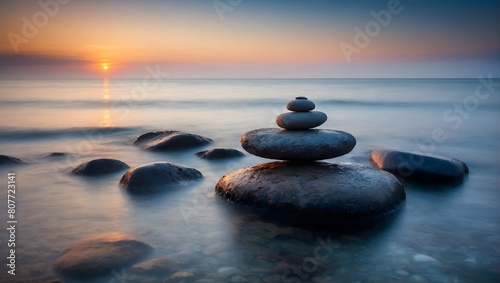 yoga and meditation background stones in the ocean taken with a long exposure