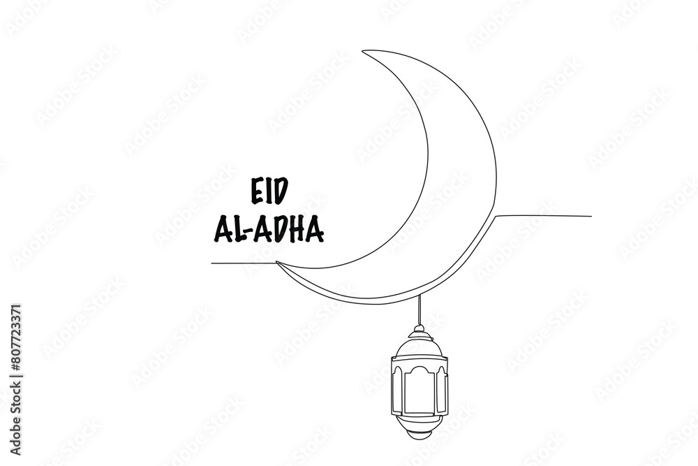 Naklejka premium Crescent moon and lantern. Eid al adha concept one-line drawing