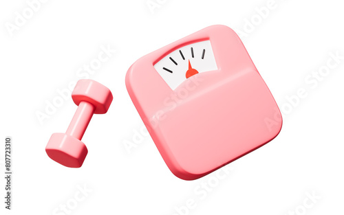 Cartoon weight scale and dumbbell, health and exercise concept, 3d rendering.