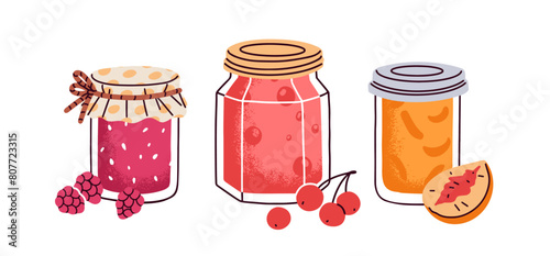 Fruit and berry jam set. Natural confitures in glass jars. Jelly and homemade marmalade preserves. Sweet seasonal dessert with raspberry, apricot. Flat vector illustration isolated on white background