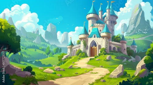 The path to the princess palace of a fairytale fantasy game illustration. Walkway to a magical nobility chateau with gate and tower on a green valley background. photo
