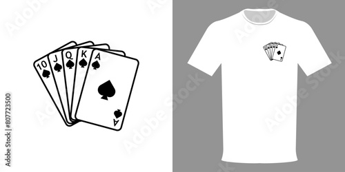 Vector illustration of a t-shirt of a sharpie with playing cards. Poker player t-shirt. Royal flush, typographic print for casino