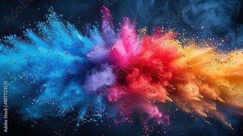 Explosion of colored powder isolated on black background photo