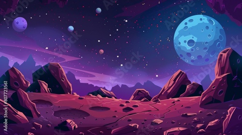 A cartoon alien planet surface, including rocky landscape, stars, satellites, uninhabited space territory, and cracks in the night sky. Cosmic adventure game background. photo