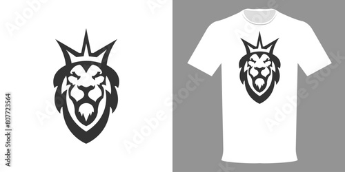 Vector illustration of a T-shirt with a print of a Lion with a crown. Typographic print in black and white style