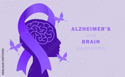 Alzheimer's and brain awareness month design template. World Alzheimer's Day vector illustration. Ribbon, flower, butterfly