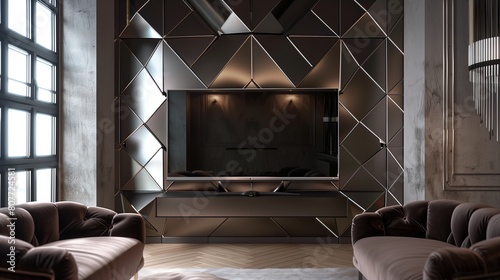 A TV lounge with a wall-mounted TV framed by a geometric arrangement of metal panels, reflecting the room's sleek design, with a plush velvet loveseat photo