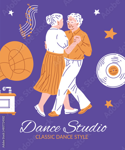 Studio classic dance style vector poster, active senior couple dancing, happy elderly pair perform waltz or tango dance