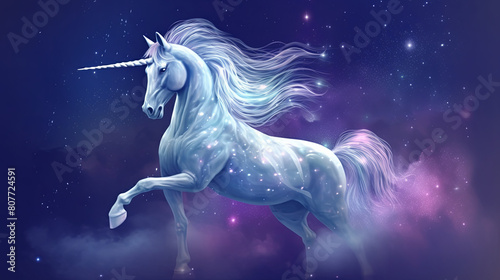 A graceful unicorn with flowing mane and tail  surrounded by shimmering stars and celestial bodies  a sense of magic and wonder  set against a tranquil night sky  Illustration  digital painting with a