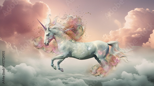 A mystical unicorn galloping through a dreamlike landscape of swirling clouds and pastel-hued skies, with stars twinkling in the distance, evoking a feeling of enchantment and whimsy, Artwork, digital