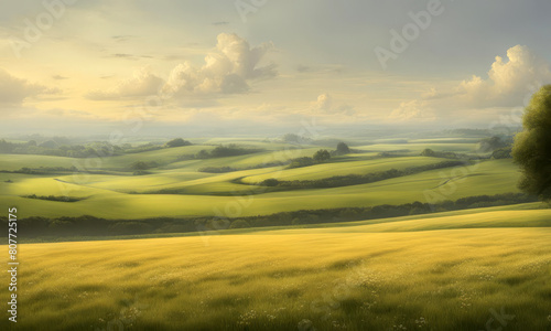 Panoramic view of the rolling hills of the English countryside.
