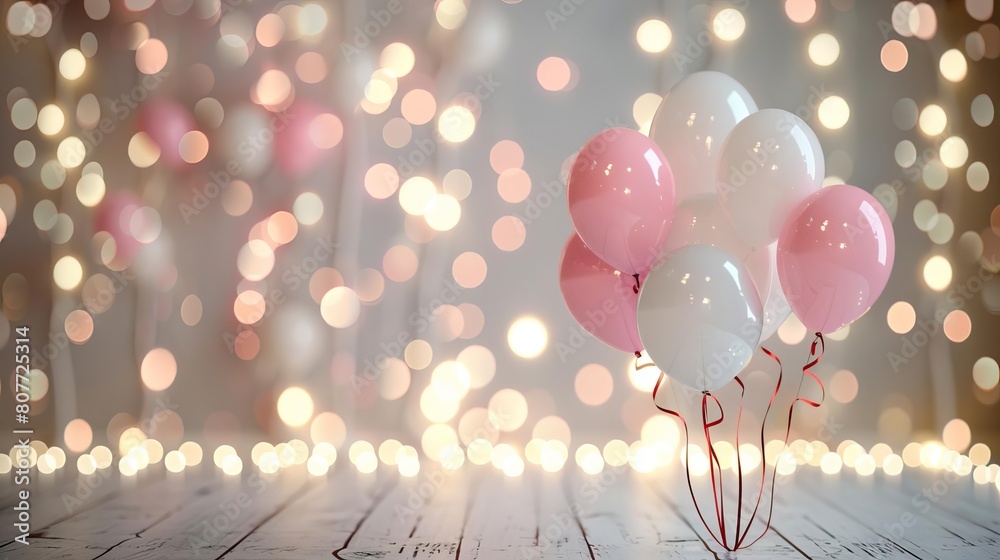 A beautiful backdrop for a birthday party. Pink and white balloons on a sparkling background.