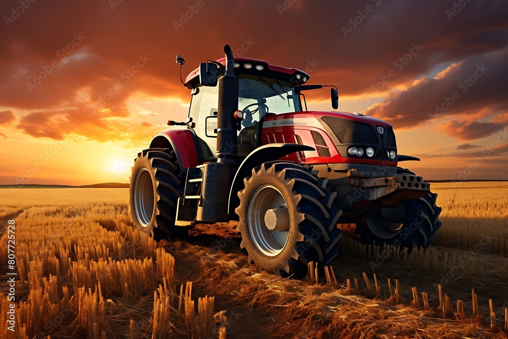 Agricultural tractor in the field at sunset. Agricultural machinery. Agricultural tractor in the field at sunset. Agricultural machinery.