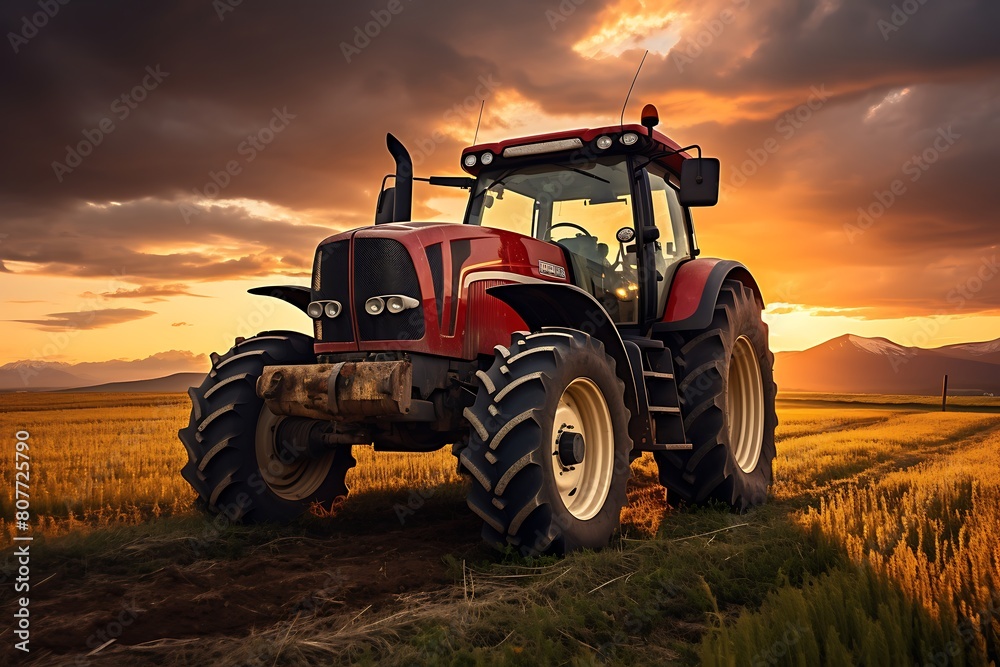 Agricultural tractor in the field at sunset. Agricultural machinery. Agricultural tractor in the field at sunset. Agricultural machinery.