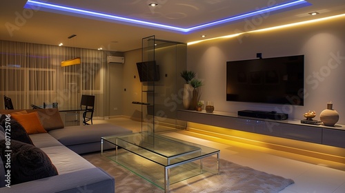 A TV lounge with an elegant glass TV stand and a floating ceiling with recessed lighting