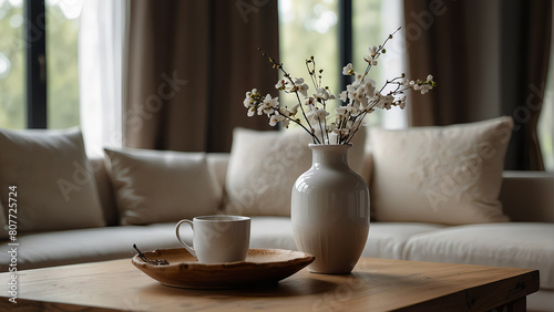 Empty mock up poster frame on floor. Interior design of modern living room. Close up of fabric sofa with white and terra cotta pillows. French country home interior design of modern living room. © HAIDER