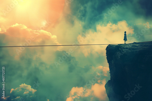 Beautifully lit artistic representation of a person on top of a very tall mountain, above the clouds, with a tightrope.  photo