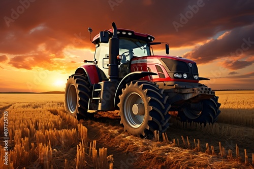 Agricultural tractor in the field at sunset. Agricultural machinery.