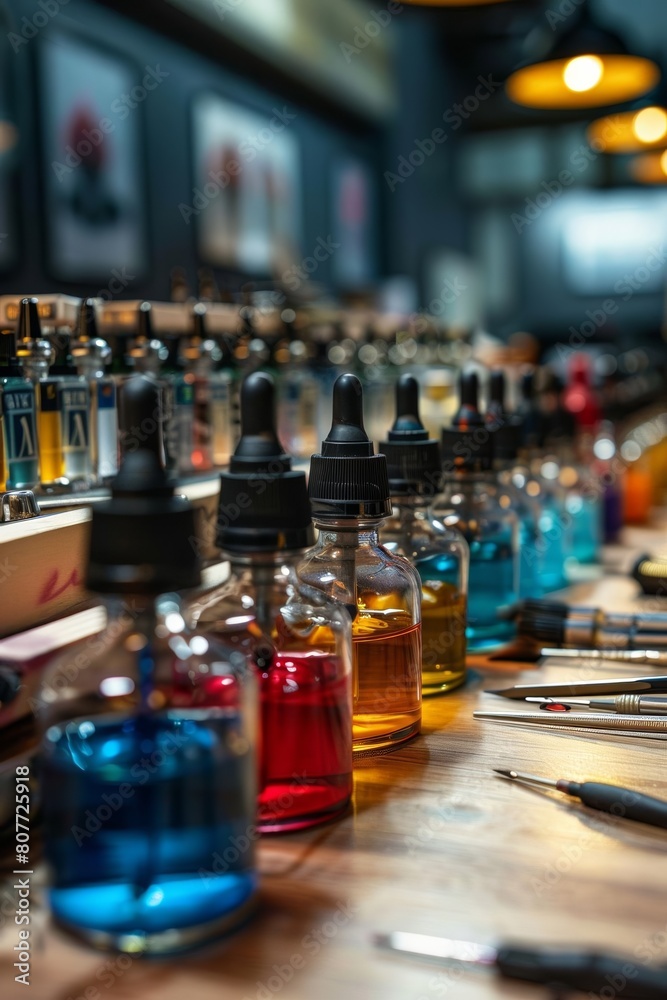 Artist preparing ink and tools in a tattoo studio Artist preparing ink and tools in a tattoo studio