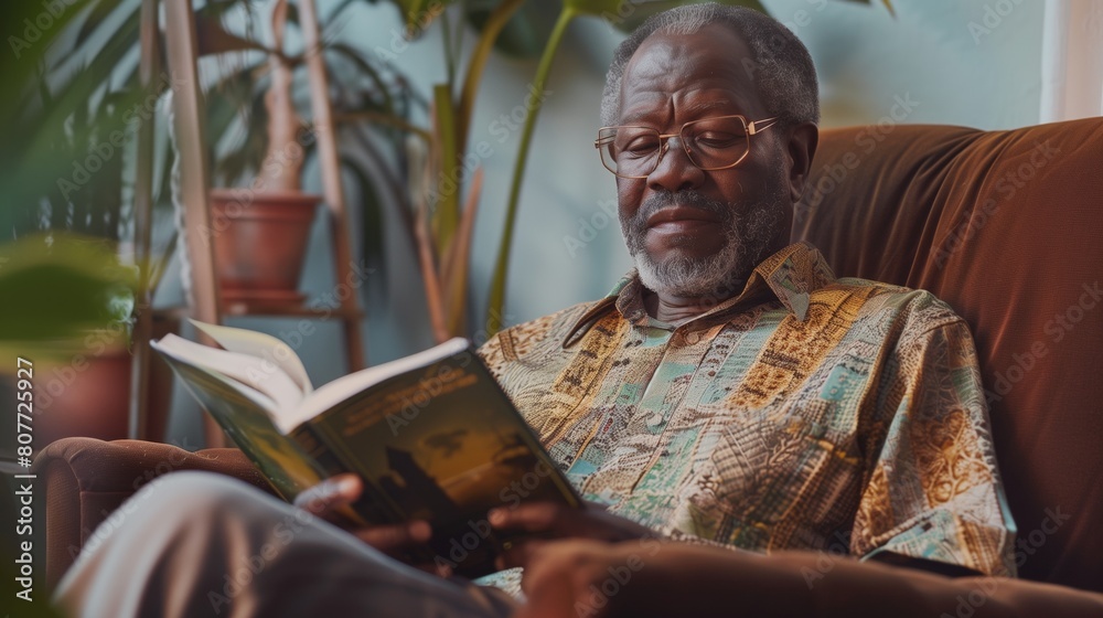 Elderly African American man reading a book in a cozy indoor setting with lush plants in the background. Elderly African American man reading a book in a cozy indoor setting with lush plants in the background.