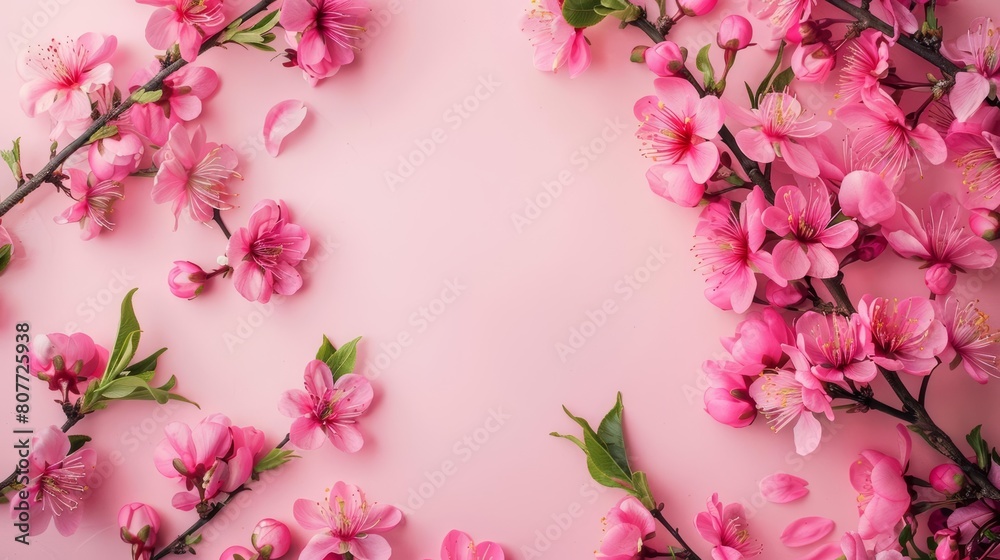 Fototapeta premium Photo of pink peach blossoms on a pink background, in a flat lay style On the right side there is free space for text or design The left part has cherry blossom flowers