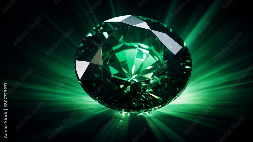 A glowing green emerald in the dark. A glowing green emerald in the dark.