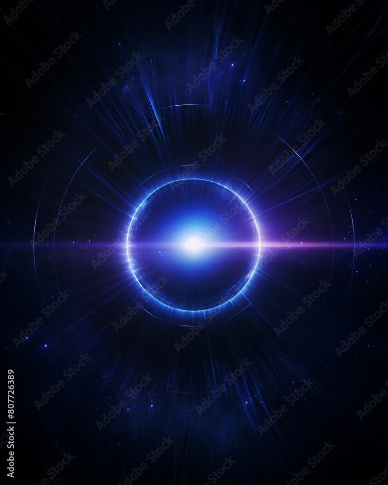 Blue and purple glowing circle with rays against a dark background