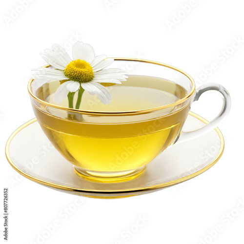 Elegant gold rimmed glass teacup and saucer set showcasing a delicate chamomile tea with a