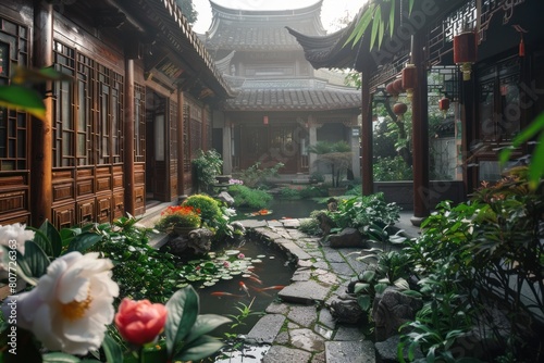 A courtyard with a stone path and a pond with fish