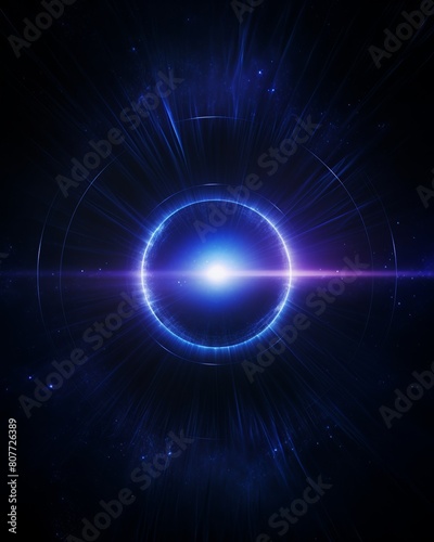 Blue and purple glowing circle with rays against a dark background