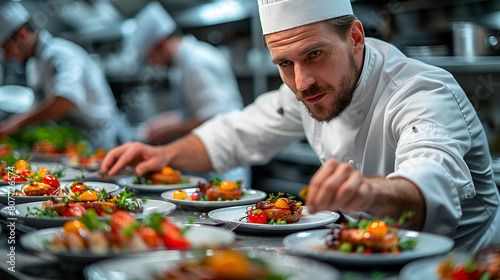chef in the restaurant,
A chef mastering the art of plating and presenta
