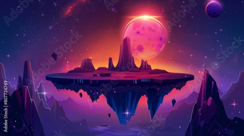 2d planet in galaxy for online adventure videogame interface illustration asset. Futuristic cosmos landscape with flying asteroid and rock island.
